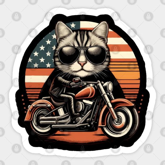 Funny Biker Cat Dad Motorcycle Rider Cat Lover Biker USA Flag Sticker by TopTees